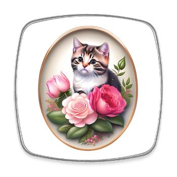 Vintage Katzenportrait mit Rosen - Viereckiger Kühlschrankmagnet - Weiß - Vorne