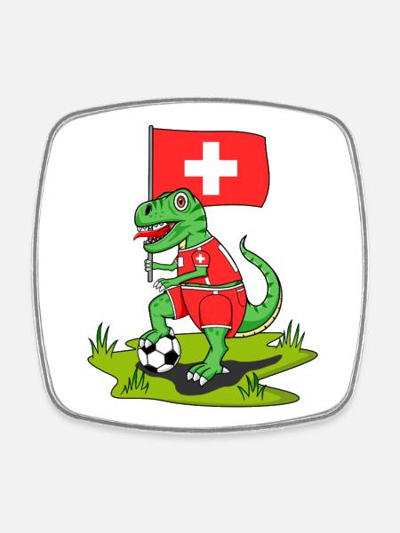 Drapeau de la Suisse Dinosaure Rex Football - Magnet carré - blanc