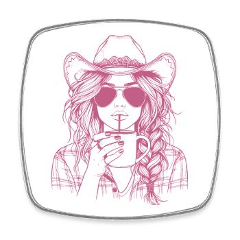 Sippin' in Style – Cool Cow Girl with Drink - Square fridge magnet - white - Front