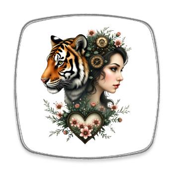 Femme mystique avec tigre et engrenages - Magnet carré - blanc - Devant