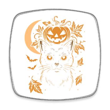Halloween Katze mit Kürbis und Mond - Viereckiger Kühlschrankmagnet - Weiß - Vorne