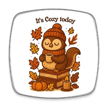 Cozy Autumn Owl with Tea Hat - Square fridge magnet - white - Front