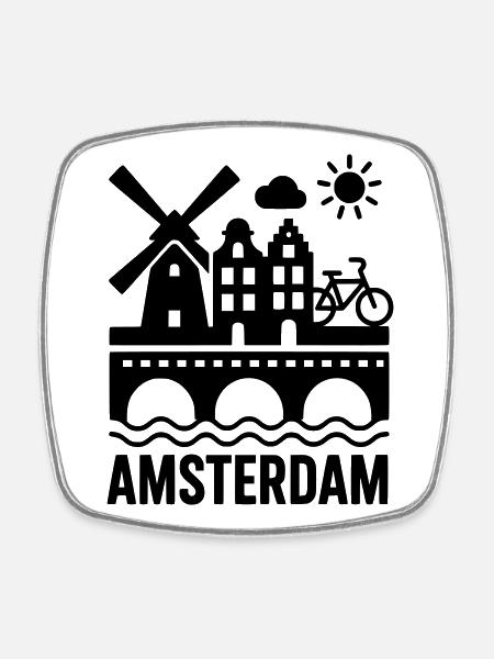 Amsterdam Windmühle Fahrrad Kanal - Viereckiger Kühlschrankmagnet - Weiß
