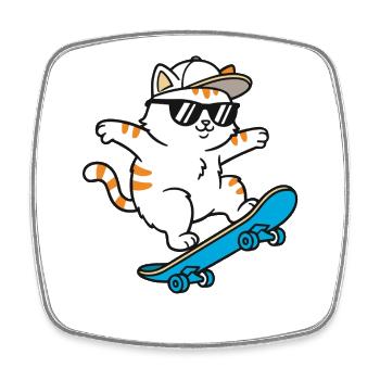 PurrRide Skatekatze mit Sonnenbrille - Viereckiger Kühlschrankmagnet - Weiß - Vorne
