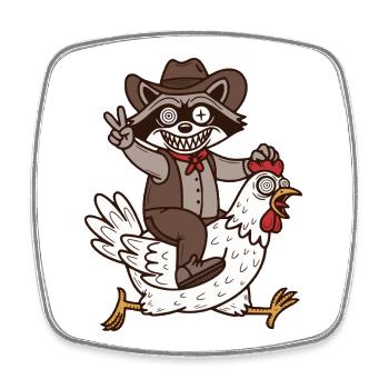 Crazy raccoon rides on crazy chicken - Square fridge magnet - white - Front