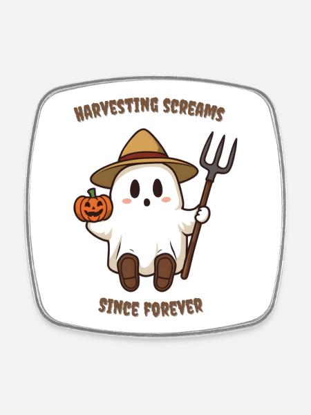 Farmer Boo - Autocollant fantôme d’Halloween mignon avec pum - Magnet carré - blanc