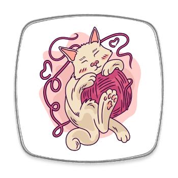 Niedliche gemütliche Katze umarmt Yarn Ball Cartoon - Viereckiger Kühlschrankmagnet - Weiß - Vorne