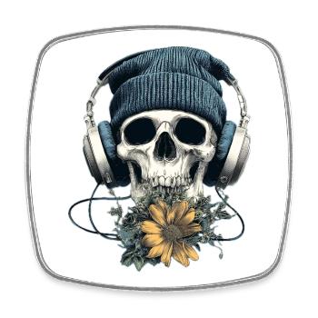 Crâne avec casque et fleurs - Magnet carré - blanc - Devant