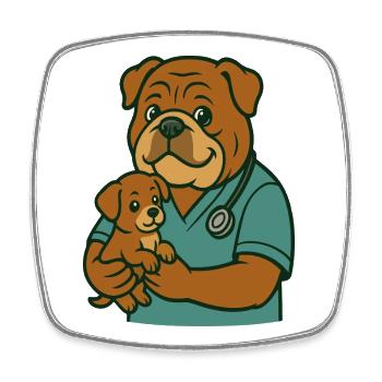 Bulldogge Tierarzt hält Welpe niedliches Tier Karikatur - Viereckiger Kühlschrankmagnet - Weiß - Vorne