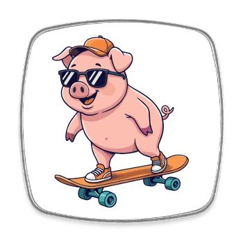 Lustiges Schwein läuft auf Skateboard Cartoon-Skater - Viereckiger Kühlschrankmagnet - Weiß - Vorne