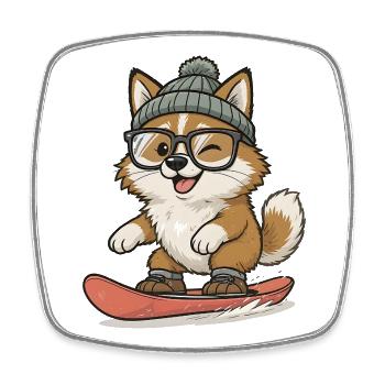 Shiba Inu snowboarding with hat and goggles - Square fridge magnet - white - Front