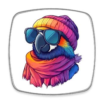 Bunte Papageien-Zeichentrick-Kawaii-Wintersonnenbrille - Viereckiger Kühlschrankmagnet - Weiß - Vorne