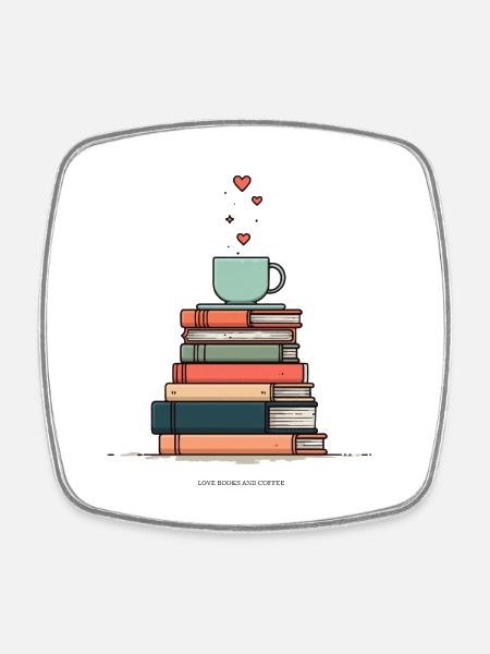 Pile de livres et tasse de café - Magnet carré - blanc