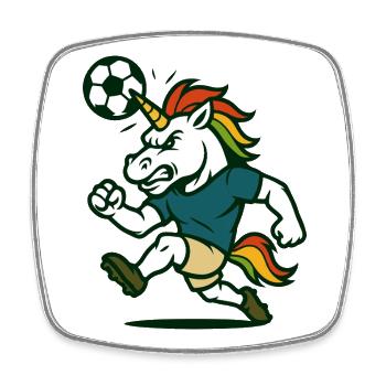 Unicorn Fußballmaskottchen köpft den Ball - Viereckiger Kühlschrankmagnet - Weiß - Vorne