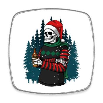 Skelett mit Santa-Hut trinkt Bier im Winterwald - Viereckiger Kühlschrankmagnet - Weiß - Vorne