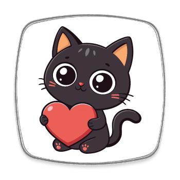 Kawaii schwarze Katze hält ein rotes Herz - Viereckiger Kühlschrankmagnet - Weiß - Vorne