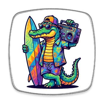 Alligator de Surf avec Boombox et Dessin animé Surfboard - Magnet carré - blanc - Devant