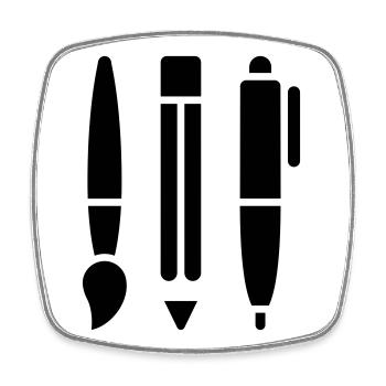 Pinceau, crayon et stylo - Symbole artistique - Magnet carré - blanc - Devant