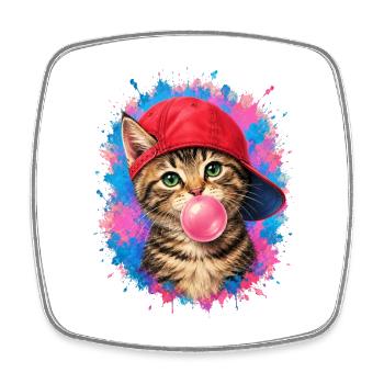 Coole Katze mit Cap und Kaugummi - Viereckiger Kühlschrankmagnet - Weiß - Vorne