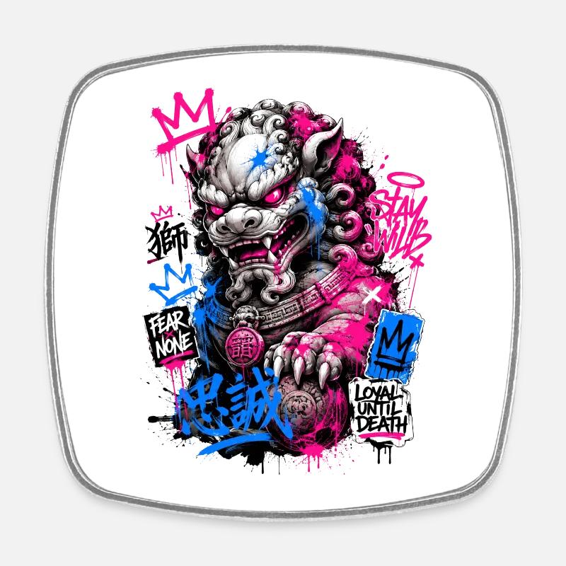 Graffiti Foo Dog Street Guardian - Square fridge magnet - white