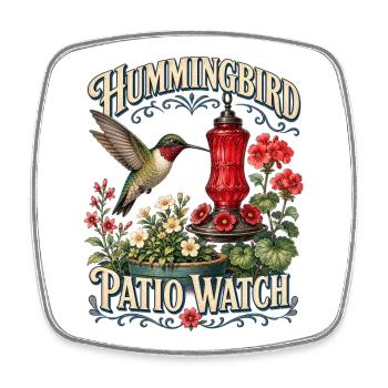 HUMMINGBIRD PATIO WATCH - Square fridge magnet - white - Front