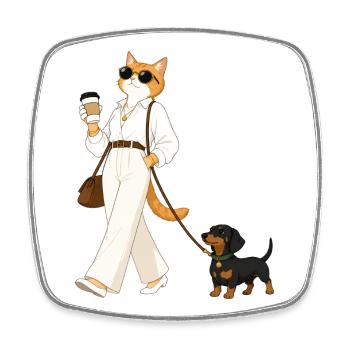 Stylish cat with dachshund during coffee walk - Square fridge magnet - white - Front