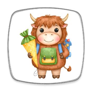 Kawaii Highland-Kuh – Einschulung mit Schultüte - Viereckiger Kühlschrankmagnet - Weiß - Vorne