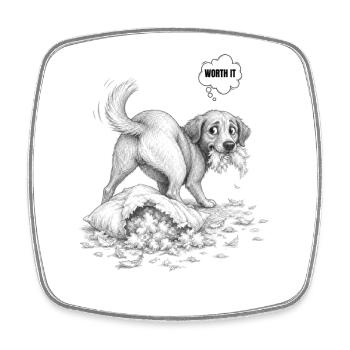 Worth It – Guilty Dog Pillow Disaster - Square fridge magnet - white - Front