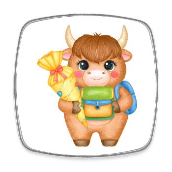 Highland Cow with School Cone & Satchel – School - Square fridge magnet - white - Front