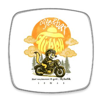 Cafe & Bar Tirkku - Goldweasel on bike - Square fridge magnet - white - Front