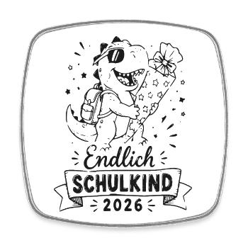Endlich Schulkind 2026 Dino mit Blumen - Viereckiger Kühlschrankmagnet - Weiß - Vorne