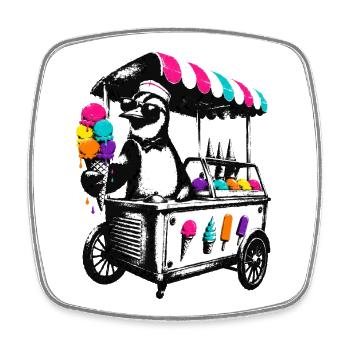 Pinguin am Eiswagen im Stencil Style - Viereckiger Kühlschrankmagnet - Weiß - Vorne