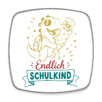 Endlich Schulkind Dino mit Blume - Viereckiger Kühlschrankmagnet - Weiß - Vorne