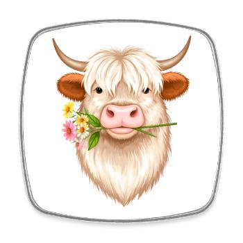 Cool Highland Cow with Flower – Scottish Cattle Style - Square fridge magnet - white - Front