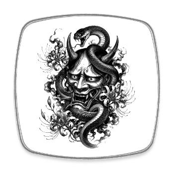 Masque Hannya avec serpent dans le style Irezumi - Magnet carré - blanc - Devant