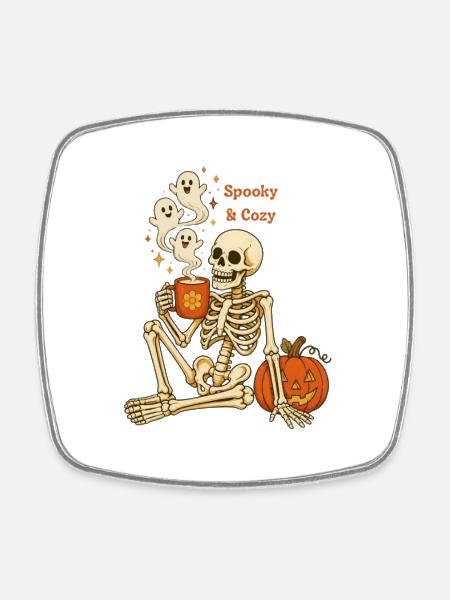 Gruseliger und gemütlicher Halloween-Skelettkaffee - Viereckiger Kühlschrankmagnet - Weiß