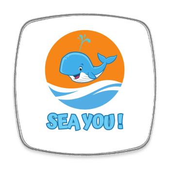 Whale in the sea greets with "Sea you!" - Square fridge magnet - white - Front