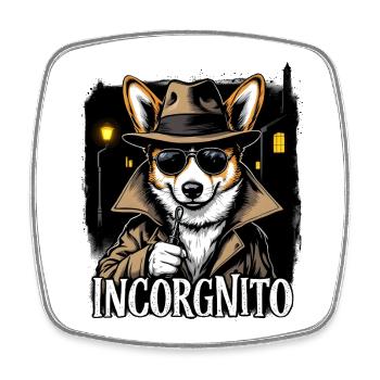Incorgnito – Jeu de mots amusant sur le corgi - Magnet carré - blanc - Devant