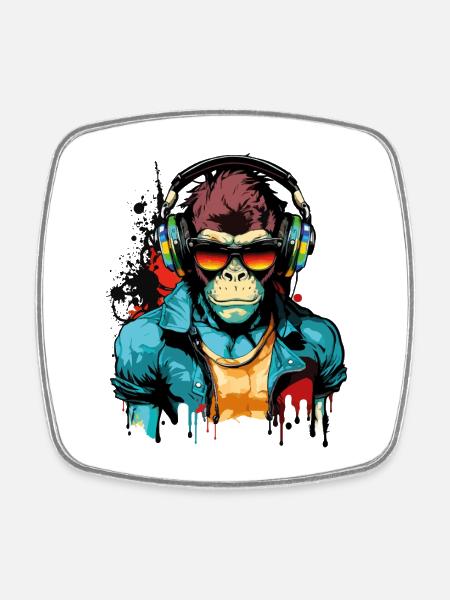 Affe Kopfhörer Sonnenbrille Gamer Zocken Musik - Viereckiger Kühlschrankmagnet - Weiß
