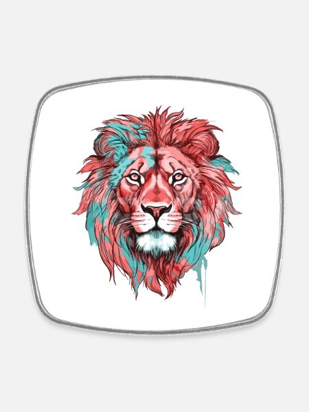 Lion Tête de Lion Coloré Prédateur Coloré Art Animalier - Magnet carré - blanc