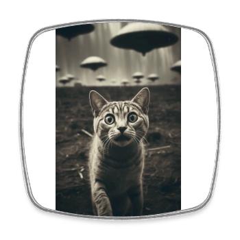 Funny Cat Selfie Alien UFO Meme - Square fridge magnet - white - Front
