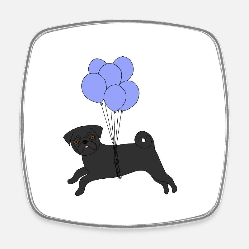 Black pug flying balloons - Square fridge magnet - white