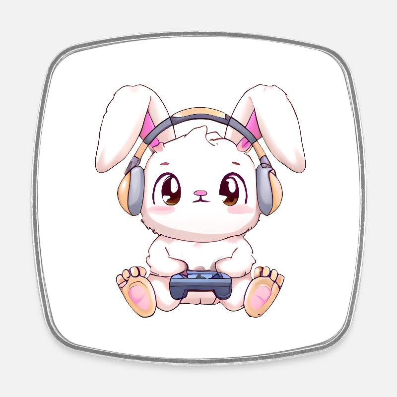00271 Hase mit Kopfhörer und Controller - Viereckiger Kühlschrankmagnet - Weiß