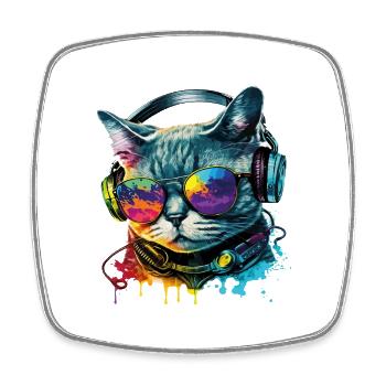 Cat Sunglasses Headphone Splash Colorful Animal - Square fridge magnet - white - Front