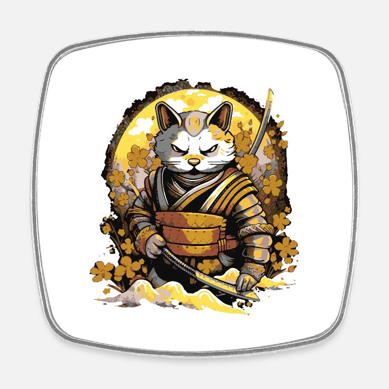 Chat samouraï - Magnet carré - blanc