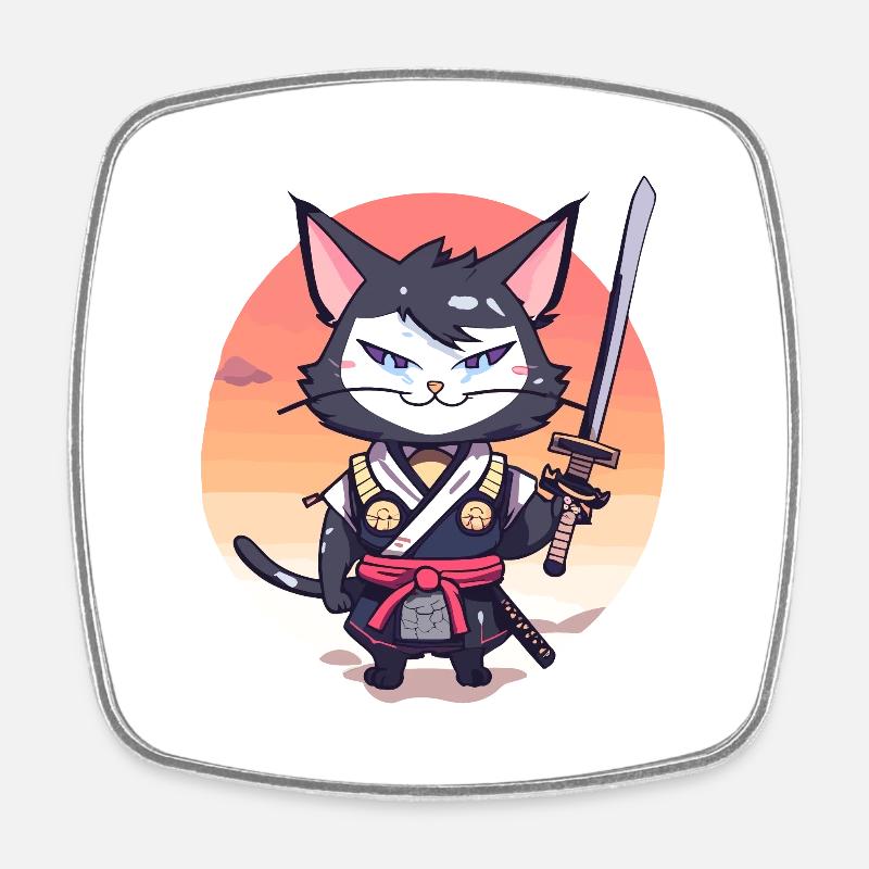 Samurai Cat #37 - Square fridge magnet - white