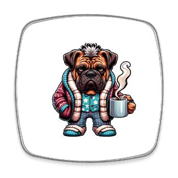 Bulldog in Pijama and Scarf with Coffee Cup - Square fridge magnet - white - Front