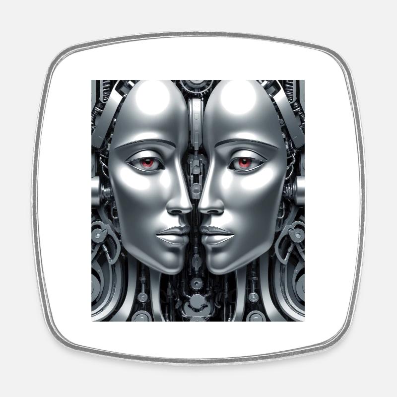 Robotic Mechanical Face - Square fridge magnet - white