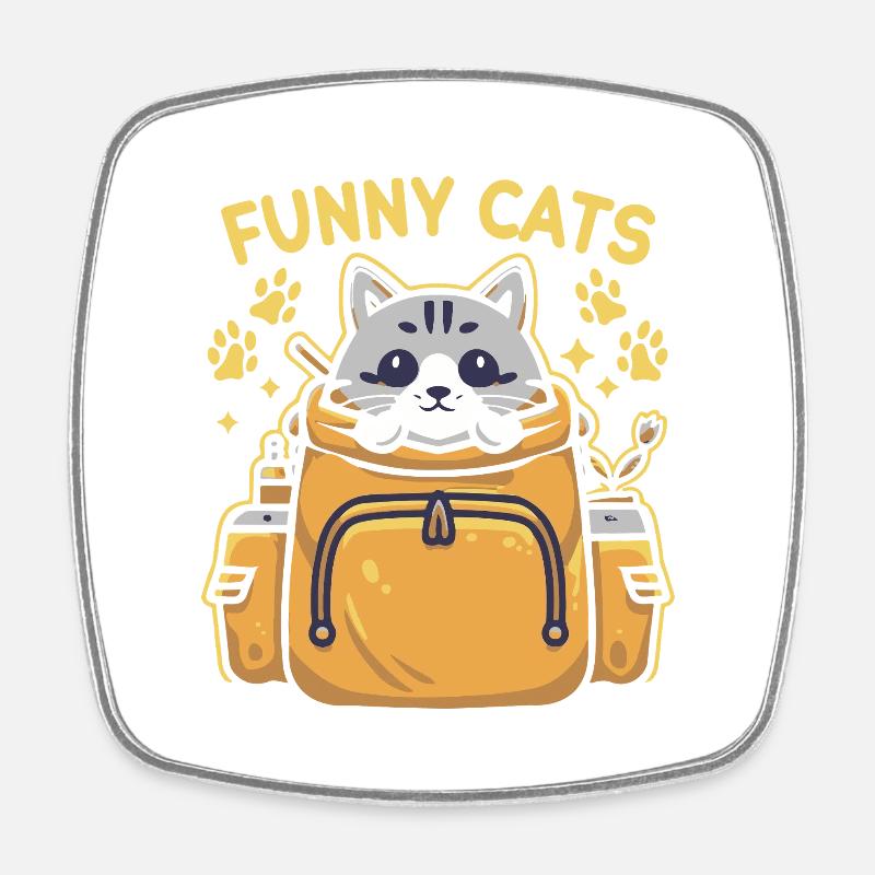 Funny with a cat looking regal in the backpack - Square fridge magnet - white