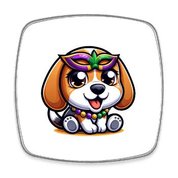 Mardi Gras Beagle: Hund mit Maske und Perlen - Viereckiger Kühlschrankmagnet - Weiß - Vorne